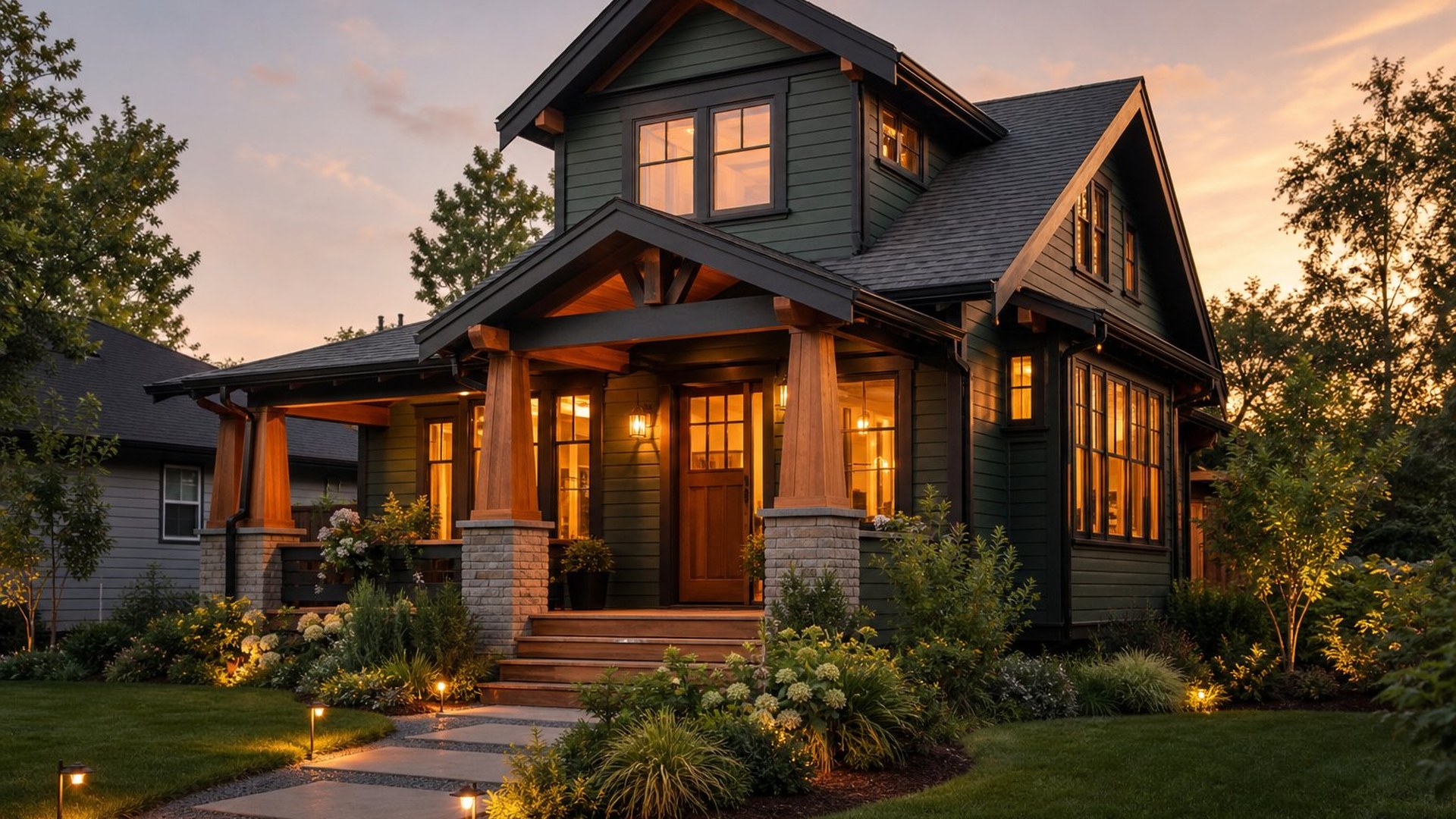 Renovated craftsman family home glowing at dusk with a landscaped front garden