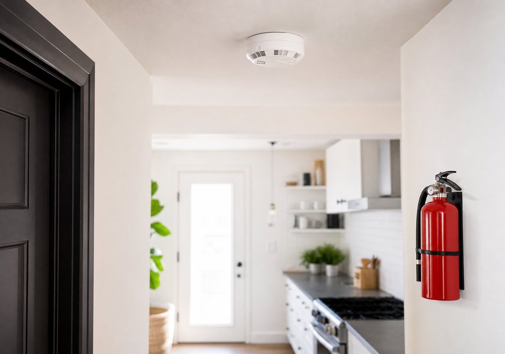 Smoke detector and fire extinguisher neatly installed in a bright modern home