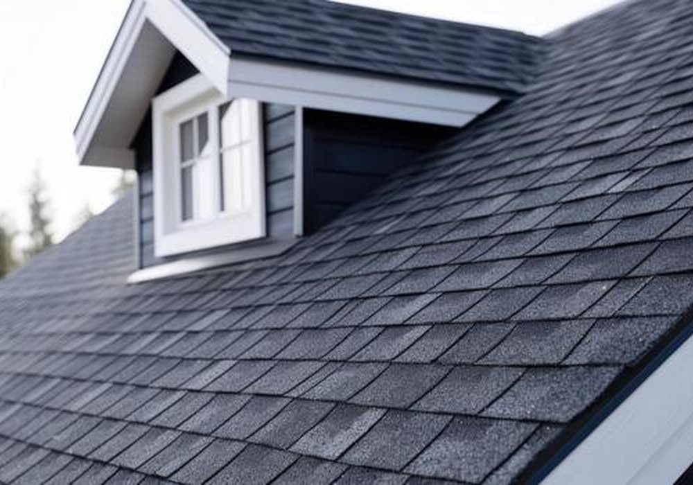 Newly installed charcoal architectural shingle roof with crisp ridge lines