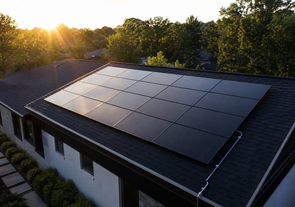 Solar panels installed in neat rows on a modern home roof